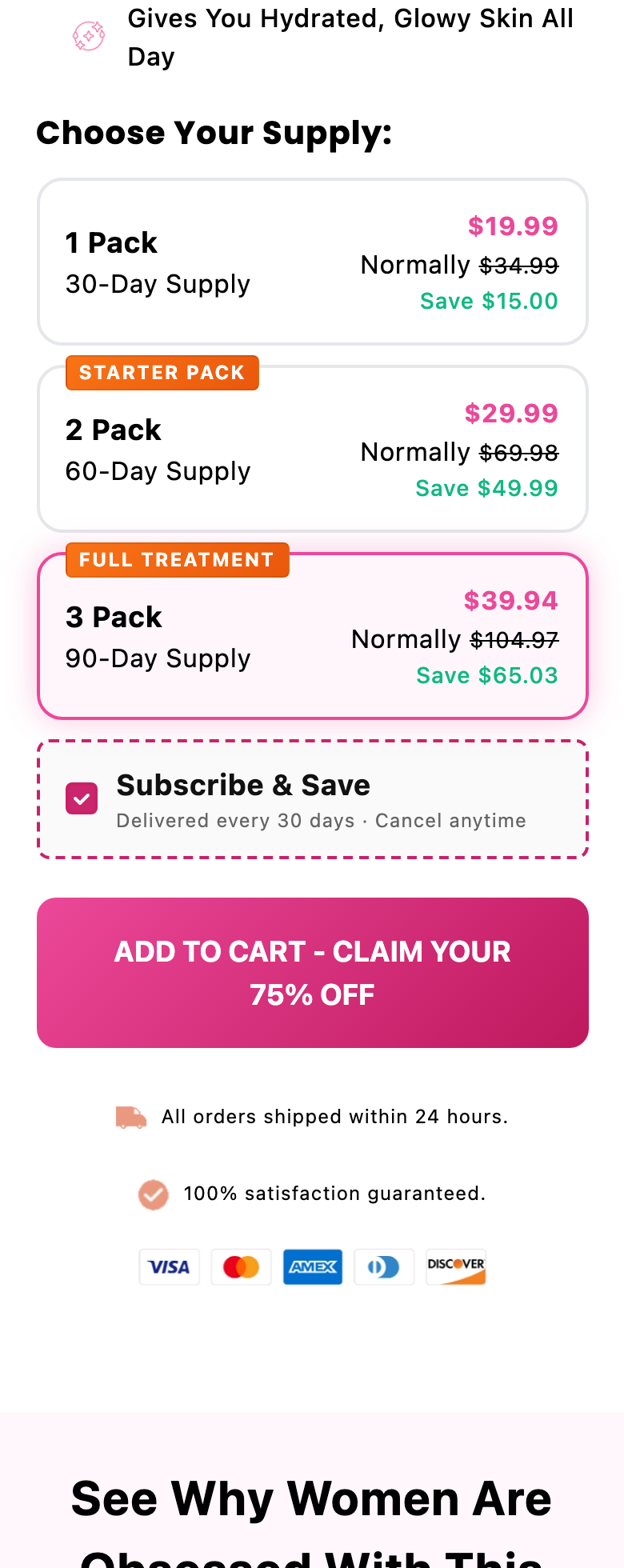 Mobile screenshot showing Subscribe and Save checked with delivered every 30 days cancel anytime text