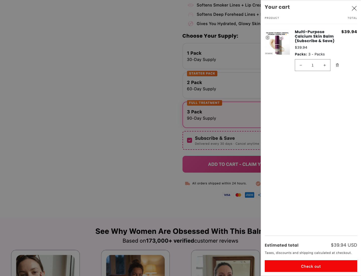 Cart drawer screenshot showing Multi-Purpose Calcium Skin Balm Subscribe and Save item