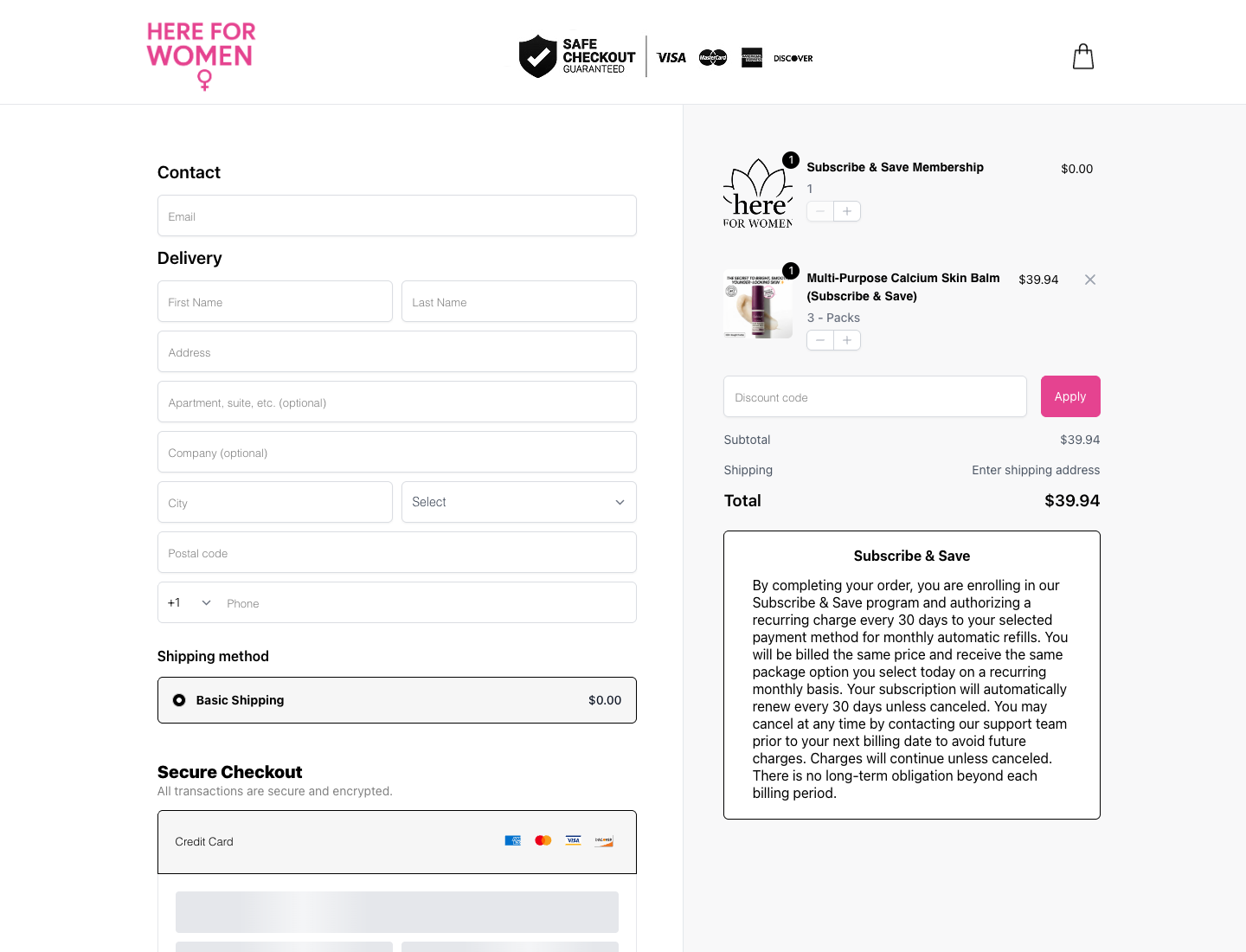 Full desktop checkout screenshot showing contact form, delivery, payment, order summary, and subscription disclosure