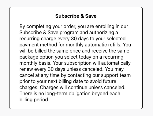 Close-up screenshot of Subscribe and Save checkout terms