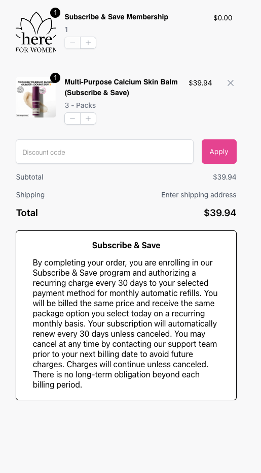 Calcium Stick checkout summary and Subscribe and Save terms
