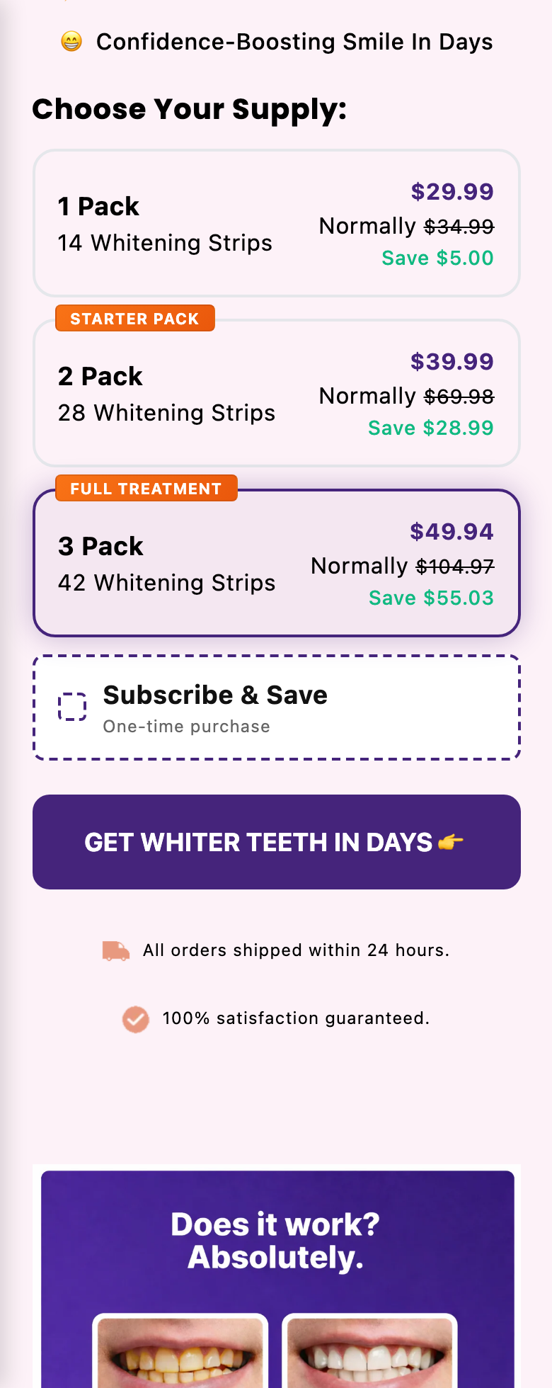 Mobile screenshot showing Subscribe and Save unchecked with one-time purchase text