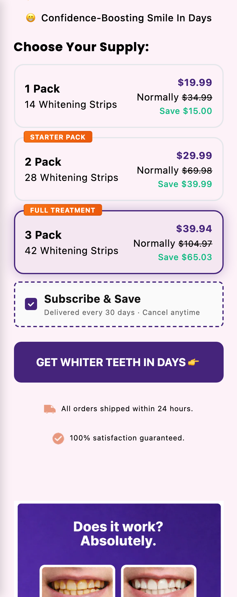 Mobile screenshot showing Subscribe and Save checked with delivered every 30 days cancel anytime text