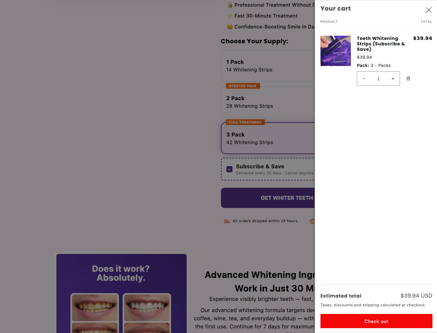 Cart drawer screenshot showing Teeth Whitening Strips Subscribe and Save item