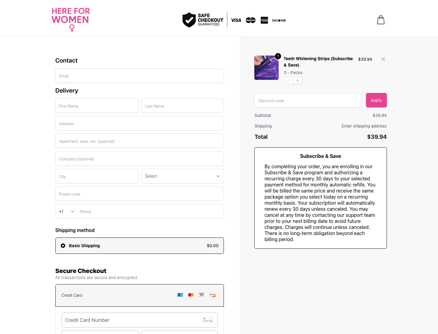 Full desktop checkout screenshot showing contact form, delivery, payment, order summary, and subscription disclosure