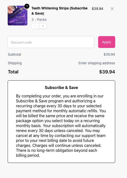 Teeth Strips checkout summary and Subscribe and Save terms